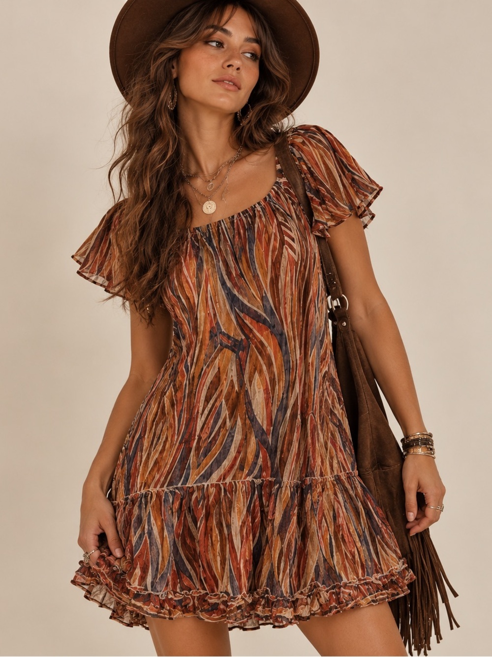 Robbie Bee Bohemian Mini Dress Earth Tone Abstract Print Flutter Sleeve S